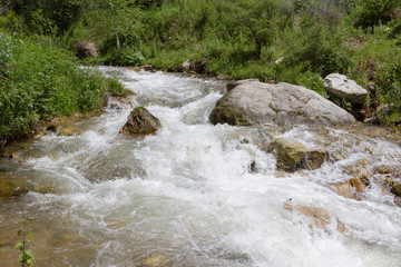 stormy mountain river among stones