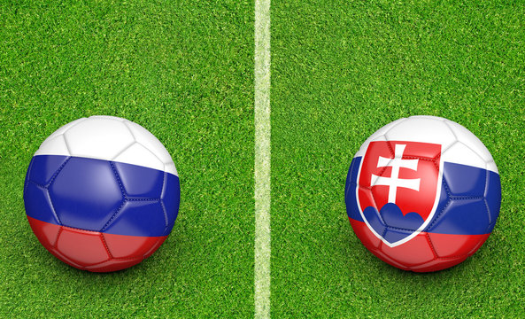 Team balls for Russia vs Slovakia football tournament match, 3D rendering