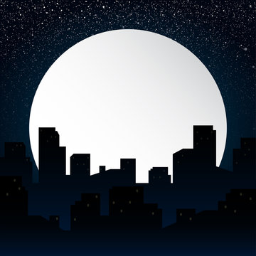 Moon. Background silhouette of the city at night.