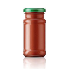 Glass jar with taco sauce.