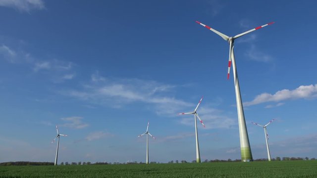 Windr&auml;der stehen auf einem Feld, drehen sich und produzieren &Ouml;kostrom