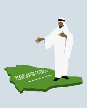 stereotypical saudi arabian man standing on the saudi arabian flag in the shape of saudi arabia