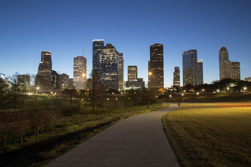 Fototapeta na wymiar Houston Texas Skyline with modern skyscrapers and blue sky view from park, in the early morning