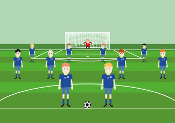 vector illustration of players soccer team  flat cartoon at soccer field pitch