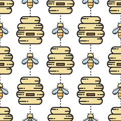 Thin line bee and beehive seamless pattern. Vector illustration