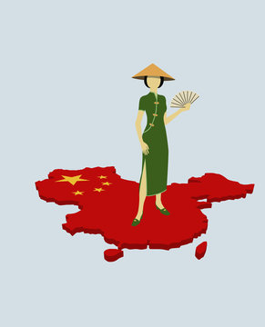 A stereotypical Chinese woman standing on the Chinese flag in the shape of China