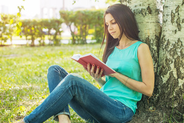 Obraz premium Girl sitting in grass, reading book in summer sun light