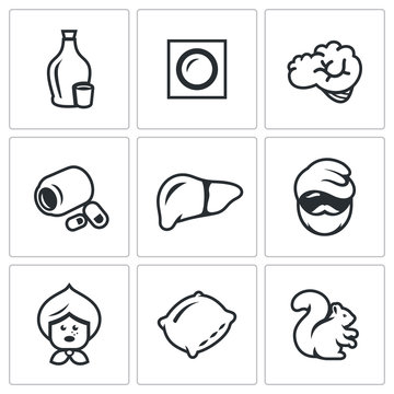 Vector Set of Alcohol Addiction Icons. Hooch, patch, brain, pills, liver, alcoholic, old woman, pillow, squirrel.