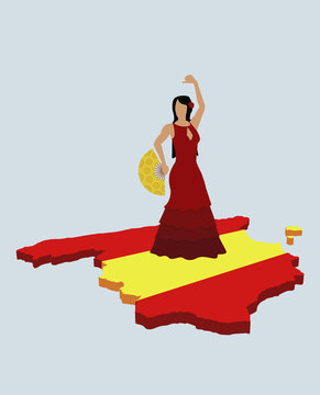 Stereotypical spanish woman standing on spanish flag in the shape of spain