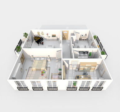 3d interior rendering perspective view of furnished big home apartment: room, bathroom, bedroom, kitchen, living-room, hall, entrance, door, window, 