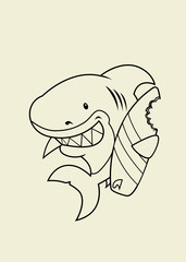 The great white surfer.Funny looking surfer shark cartoon character.Isolated coloring book illustration