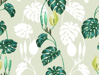 Seamless pattern with monstera leaves. Decorative image of tropical foliage and flower. Background made without clipping mask. Easy to use for backdrop, textile, wrapping paper - obrazy, fototapety, plakaty