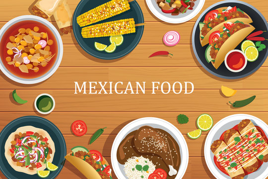 Mexican food on a wooden background.Vector mexican food top view