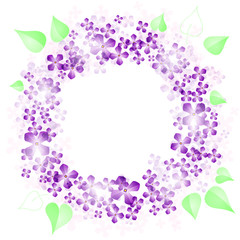 Wreath of delicate translucent flowers lilac and green leaves for a romantic web and paper design