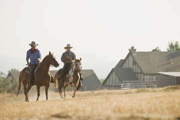 Two cowboys riding horses through a field