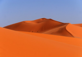 Fototapeta na wymiar Die große, durch Wind geformte Dünenlandschaft Erg Chebbi in Marokko