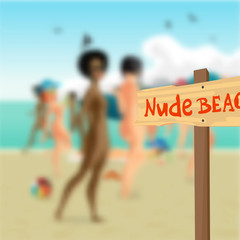 Plate nude beach in the background out of focus beautiful nude w