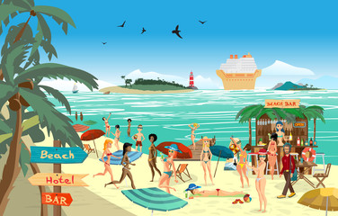 Sea landscape summer beach. Vector cartoon flat illustration. Be