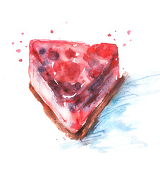 
Cake with berries, jelly, watercolors on white background