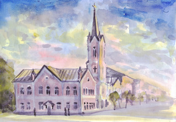 Watercolor painting. City street with Lutheran Church - 113030160