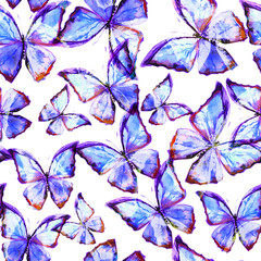 Fototapeta na wymiar Seamless texture with beautiful blue butterflies. Butterfly painted by watercolors. A great background for your design.