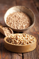 Buckwheat in wooden bowl