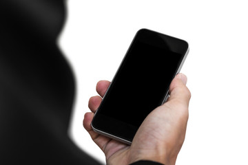 Businessman using mobile phone, isolated on white background