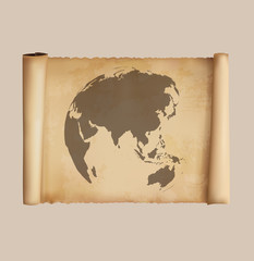 Map of the world on papyrus scrolls. Vector illustration.