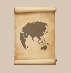 Map of the world on papyrus scrolls. Vector illustration.
