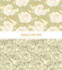 a set of romantic English style floral wallpaper seamless tiles with roses in soft blue, orange and ivory shades