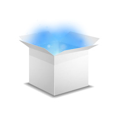 White box with blue magic light inside, isolated on white