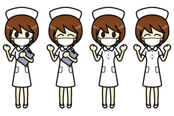 シンプルキャラクター　会話・表情イラスト集　看護師（マスク）　女性　ガッツポーズ1
