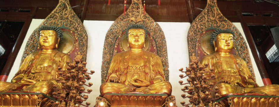 Medicine, Sakyamuni and Amithaba gold Buddha statues, Heavenly King Hall, Yufo Si, Jade Buddha Temple, Shanghai, China