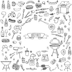 Hand drawn doodle BBQ party icons set Vector illustration summer barbecue symbols collection Cartoon various meals, drinks, ingredients and decoration elements on white background Sketch
