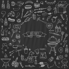 Hand drawn doodle BBQ party icons set Vector illustration summer barbecue symbols collection Cartoon various meals, drinks, ingredients and decoration elements on white background Sketch - obrazy, fototapety, plakaty