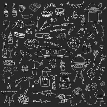 Hand drawn doodle BBQ party icons set Vector illustration summer barbecue symbols collection Cartoon various meals, drinks, ingredients and decoration elements on white background Sketch