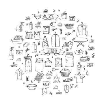 Hand drawn doodle Laundry set Vector illustration washing icons Laundry concept elements Cleaning business symbols collection Housework Equipment and facilities for washing, drying and ironing clothes