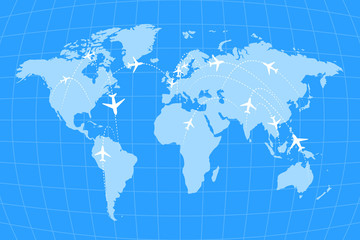 Airline routes on worldwide map, blue and white infographic