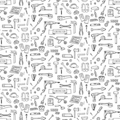 Seamless background hand drawn doodle Construction tools set Vector illustration building icons House repair icons concept collection Modern sketch style labels of house remodel gear elements, symbols - obrazy, fototapety, plakaty