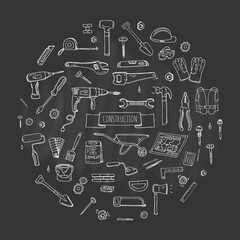 Hand drawn doodle Construction tools set Vector illustration building icons House repair icons concept collection Modern sketch style labels of house remodel gear elements and symbols Home repair tool