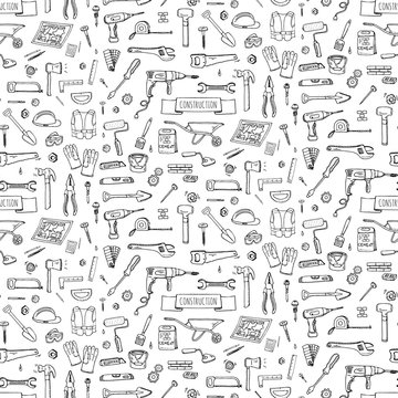 Seamless background hand drawn doodle Construction tools set Vector illustration building icons House repair icons concept collection Modern sketch style labels of house remodel gear elements, symbols