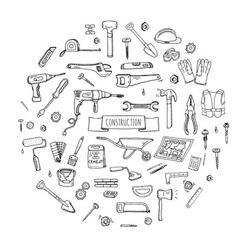 Hand drawn doodle Construction tools set Vector illustration building icons House repair icons concept collection Modern sketch style labels of house remodel gear elements and symbols Home repair tool