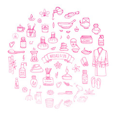 Hand drawn doodle Massage and Spa icons set Vector illustration relaxing symbols collection Cartoon beauty care concept elements health care Wellness treatment Body massage Lifestyle Skin care Spa