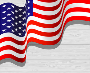 American waving flag on light wood background, vector illustrati