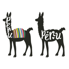 Funny vector set illustration with llama silhouettes. Peru lettering © julymilks