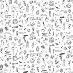 Seamless background hand drawn doodle vegetables icons set Vector illustration seasonal vegetable symbols collection Cartoon different kind of vegetable Various types of vegetables on white background