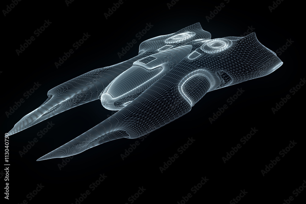 Wall mural spaceship hologram wireframe hud in motion. nice 3d rendering