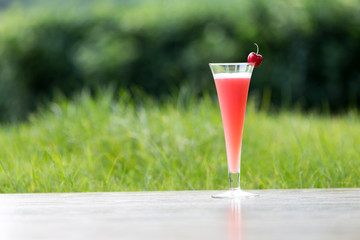 tasty drink on table with green plant