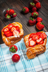 dessert fruit cakes with strawberry on wood background