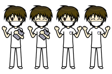 シンプルキャラクター　会話・表情イラスト集　看護師（マスク）　男性　ガッツポーズ1
